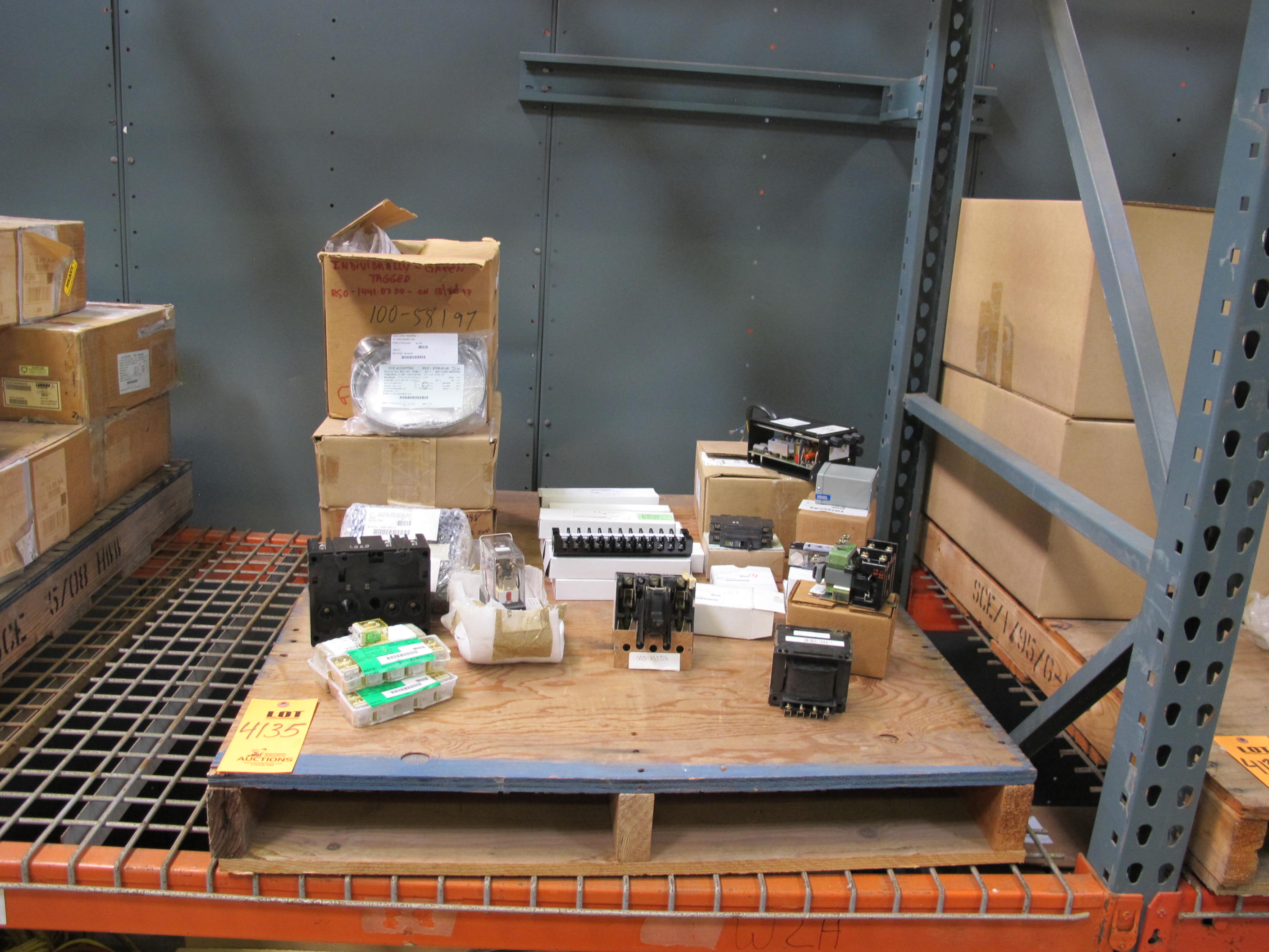 LOT TO INCLUDE BUT NOT LIMITED TO: (20) RELAYS, 120VAC COIL VOLTAGE, 10A CONTACT RATING, BLADE TERMINALS, DPDT CONTACT ARRNGMT, (2) SWITCHES, DISCONNECT TYPE, 600 AC, 250 DC VOLTAGE, 60A, 3 PHASE COMMENTS, (15) CLAMPS, GROUNDING TYPE, 1.10"-2.25"DIAM,60"BRAID SIZE, SOLDERLESS STYLE, COPPER MATERIAL, (24) CLAMPS, GROUNDING TYPE, 1.65"-3.50" DIAM, 60" BRAID SIZE, SOLDERLESS STYLE, COPPER MATERIAL, (12) BLOCKS, TERMINAL TYPE, #8 AND SMALLER AWG WIRE SIZE, 600V, 50A ELEC RATING, 12 CIRCUIT, ONE PIECE KIND, STRAP SCREW TERMINALS, 0.63 CENTER TO CENTER SIZE. LOADING & HANDLING FEE $15-4135